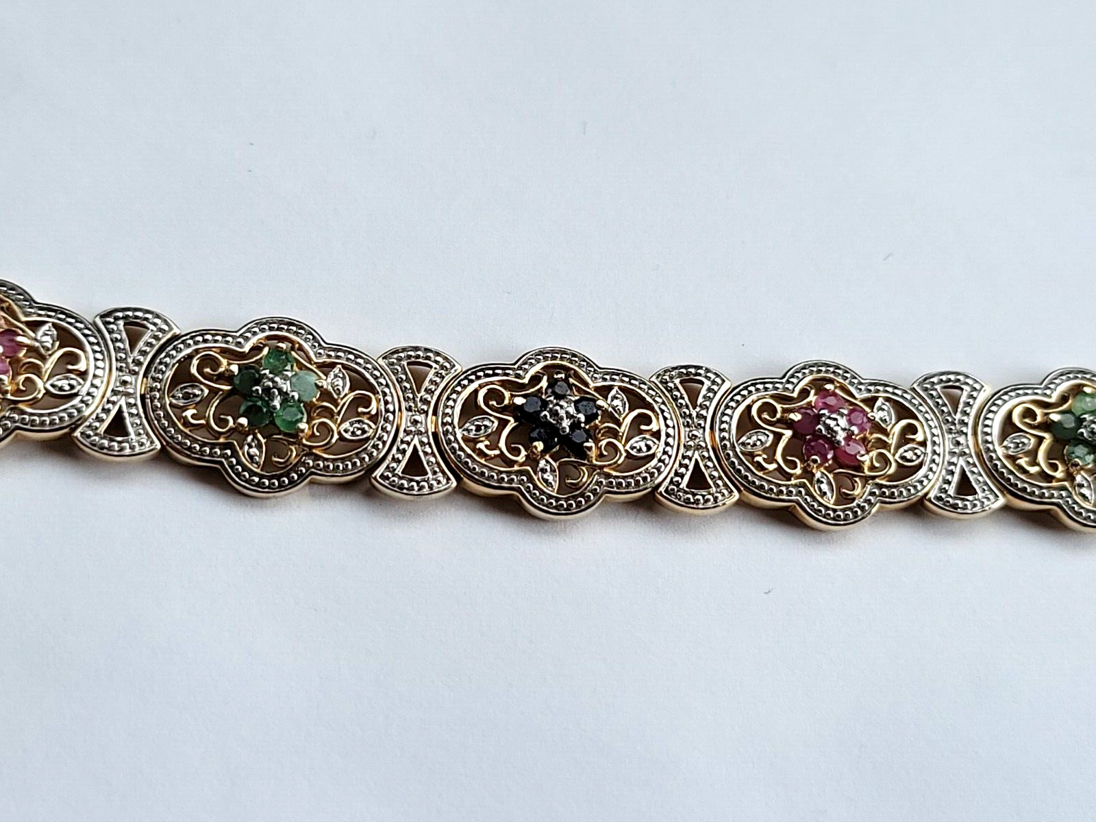 Sterling Ruby Sapphire Emerald Diamond Floral Link Bracelet 7 1/2″ 925 Gold Pltd