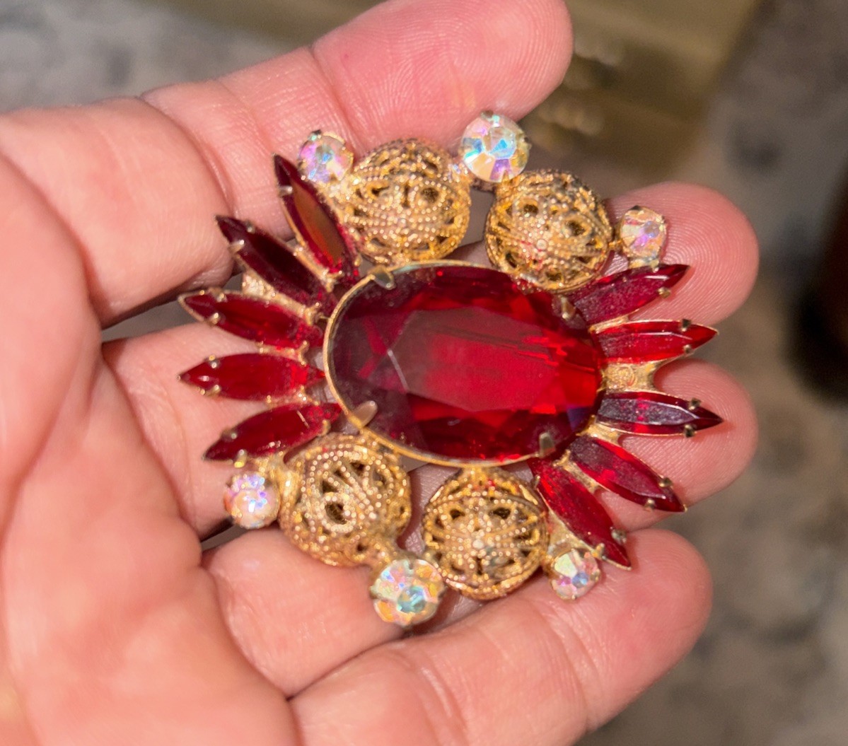 Vintage Juliana (Delizza & Elster) Red and Aurora Borealis Rhinestone Brooch Pin