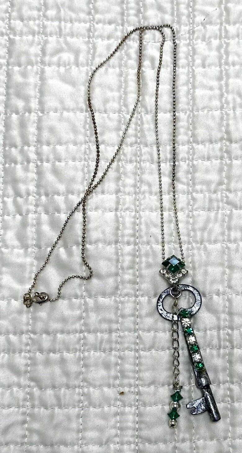 Vintage Key Necklace with Green Stones & Chain Included Newly Made by Artist