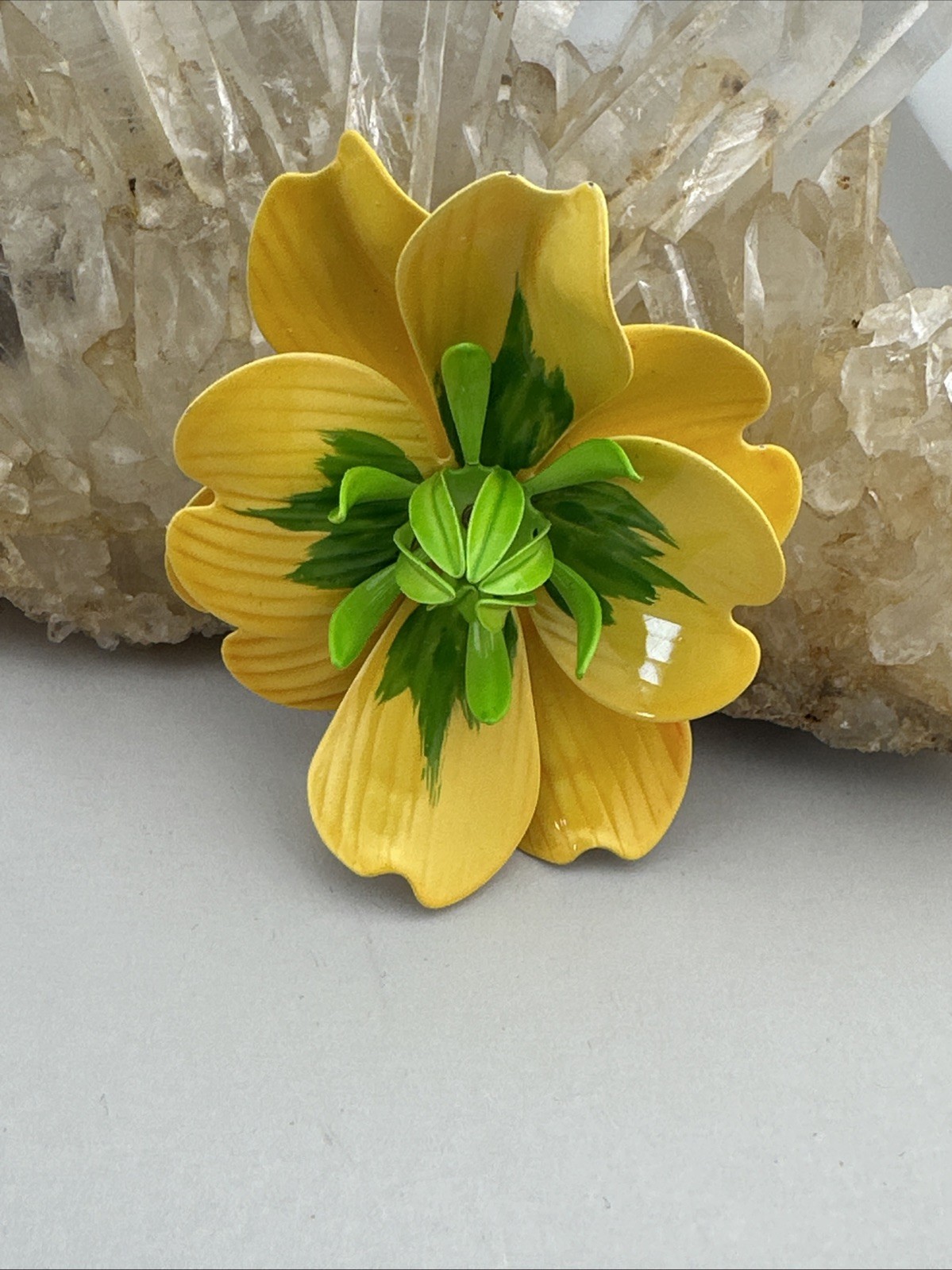 Vintage Lemon Yellow Lime Green Enamel Metal Brooch