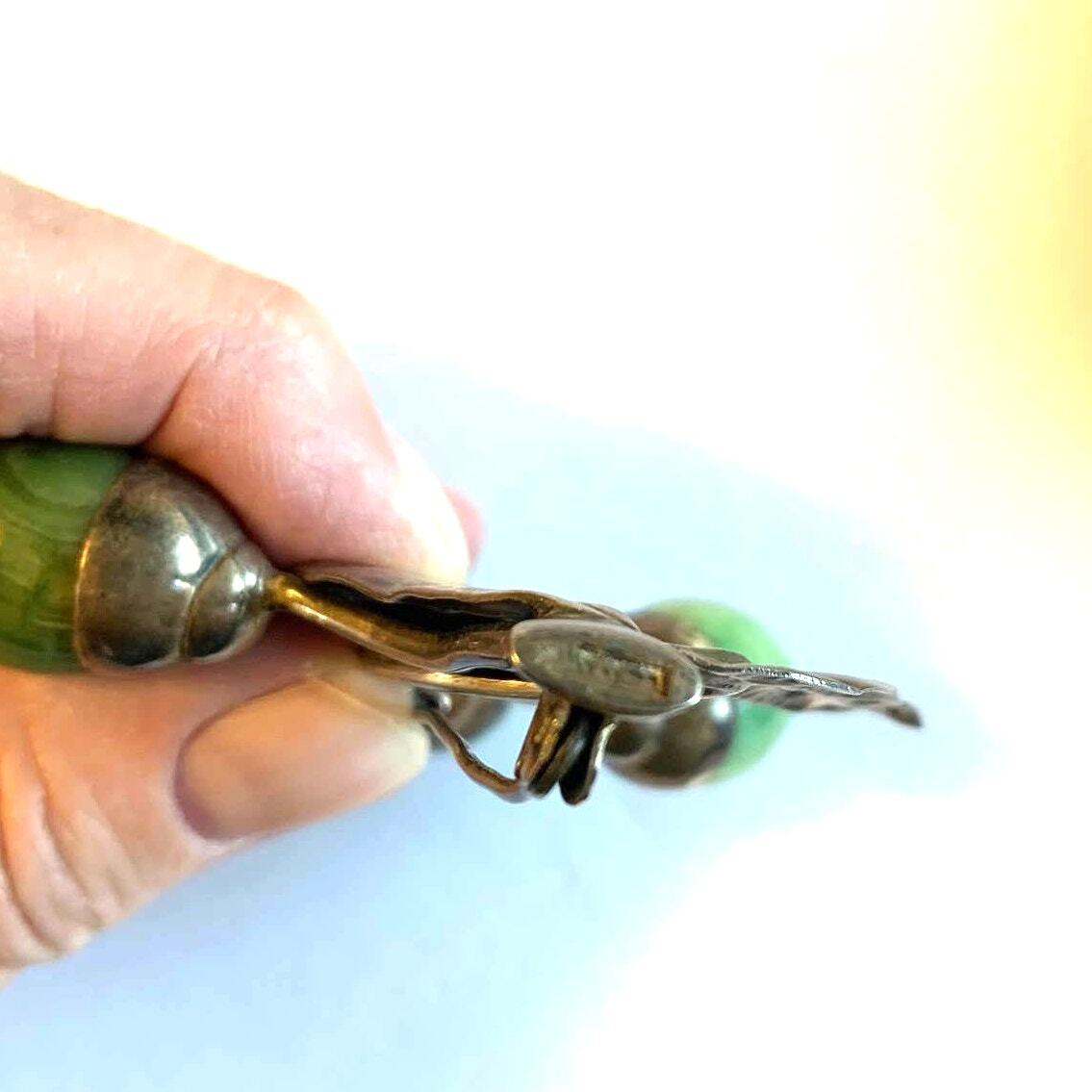 Vintage Mexico Silver and Green Agate Flower Bud Brooch Pin