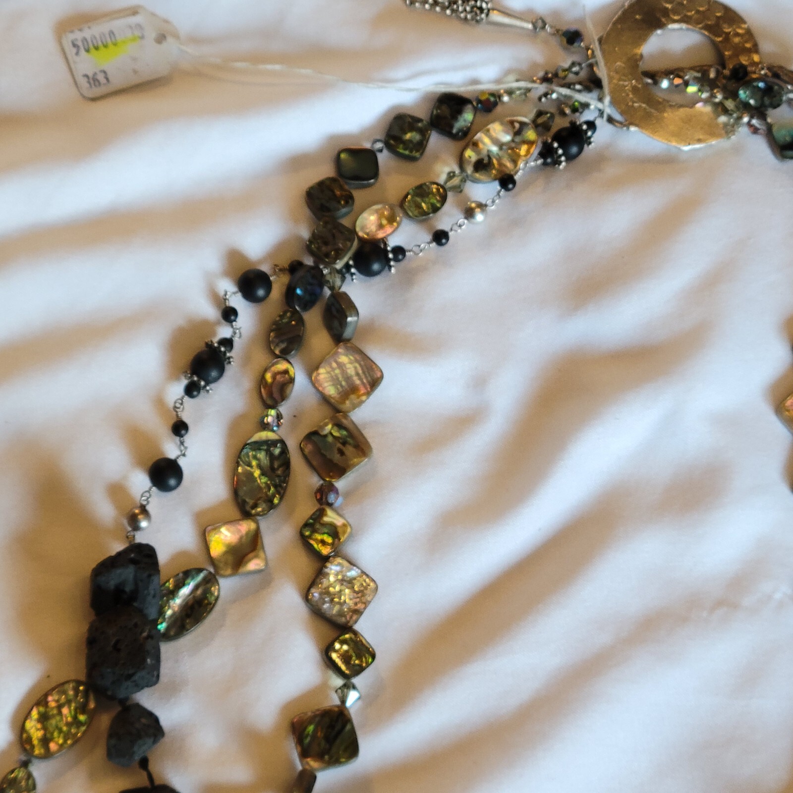 Vtg Lava Rock Mother of Pearl MOP Multi Strand Statement Necklace Signed Bob