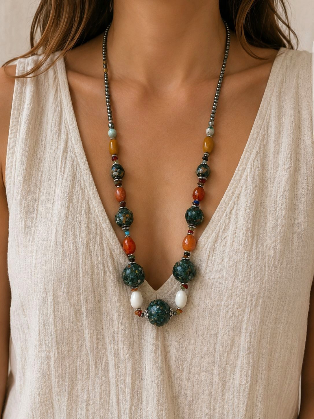 Vintage Chunky Mosaic Stone Beaded Necklace Multicolor Boho Statement Artisan
