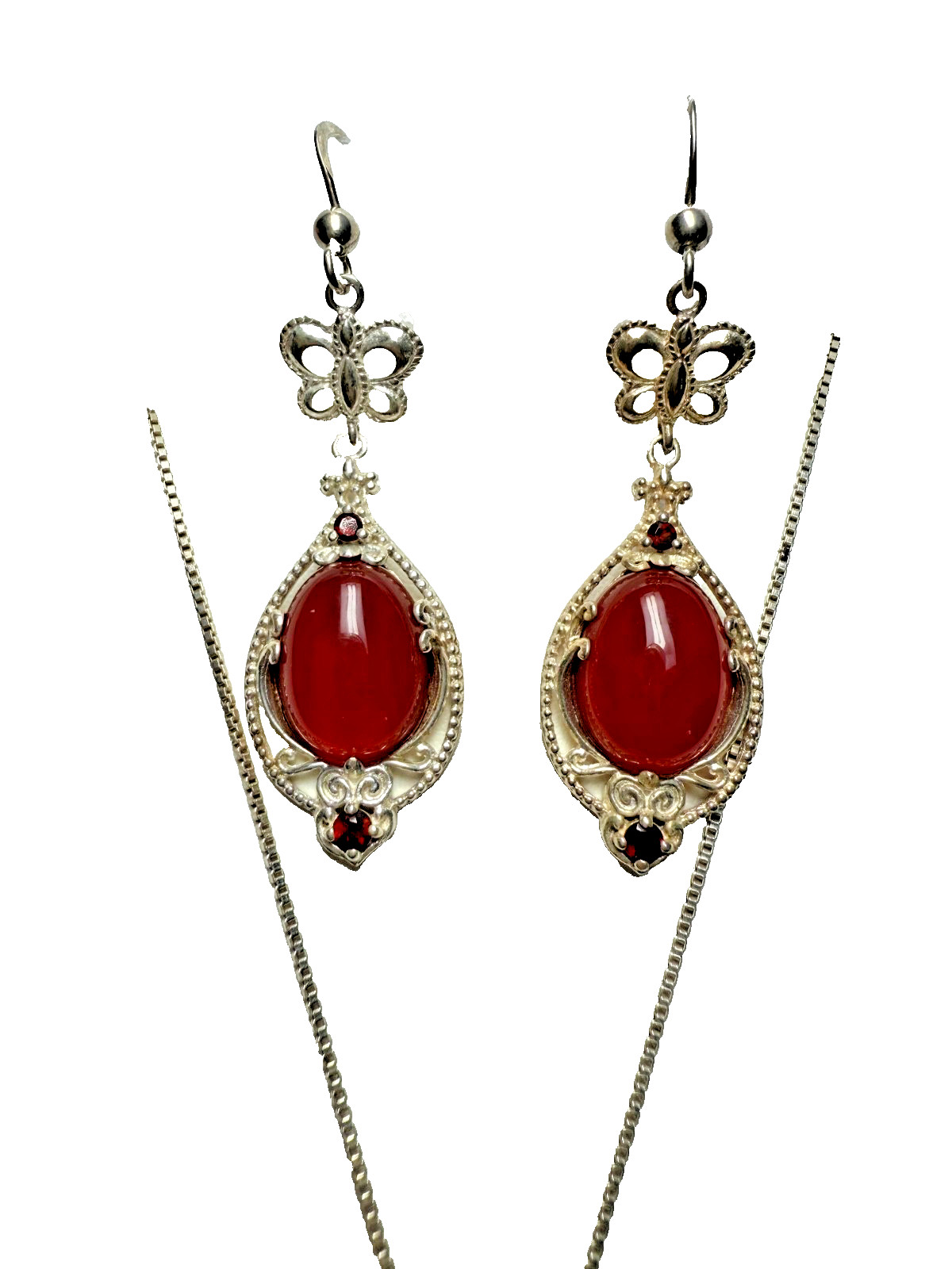 VTG Kit Heath Sterling Silver Butterfly Necklace Earrings Set Red Cabochon 925