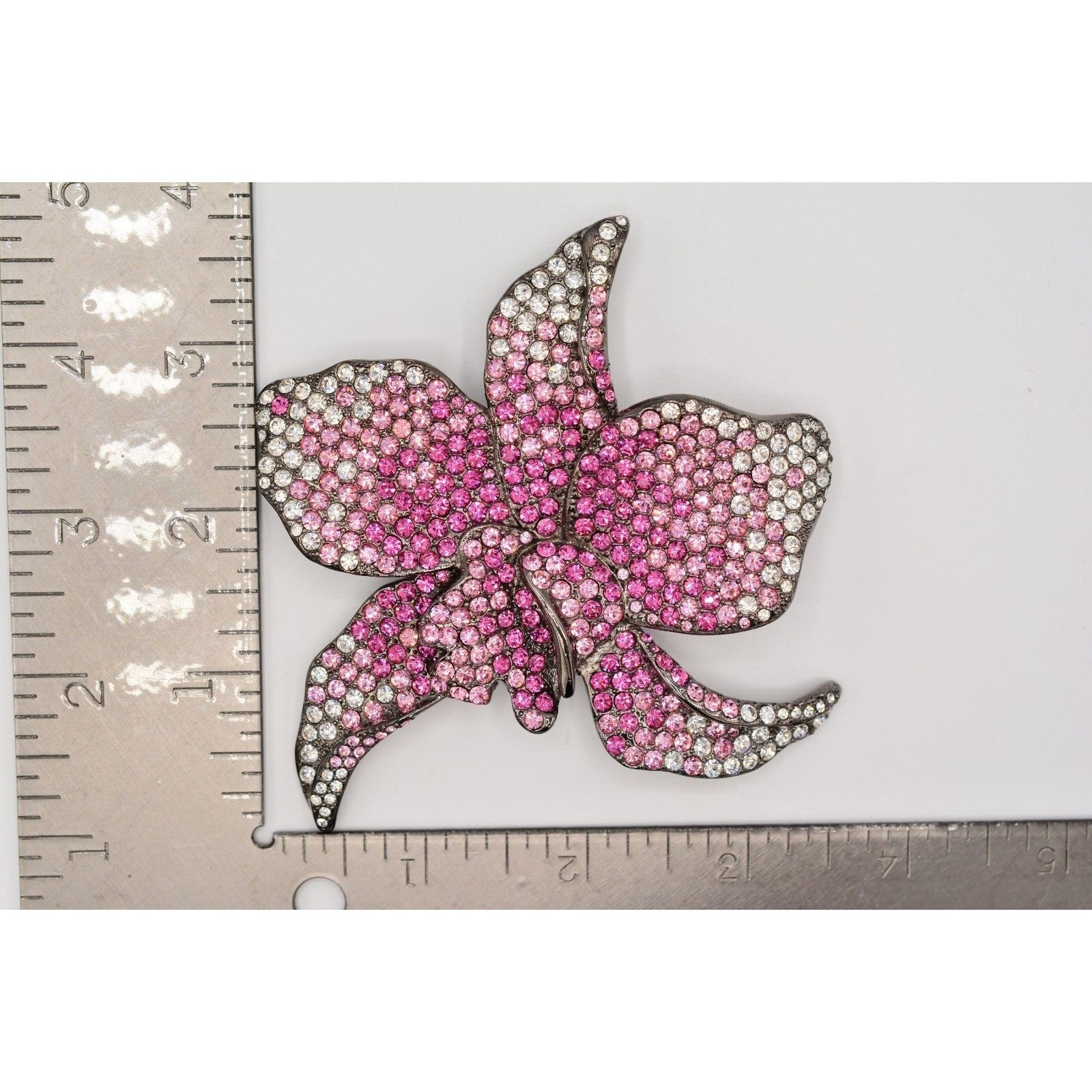 PJM Crystal Flower Brooch Pin 4″ Rhinestone Pink Gunmetal Vintage Signed BinV
