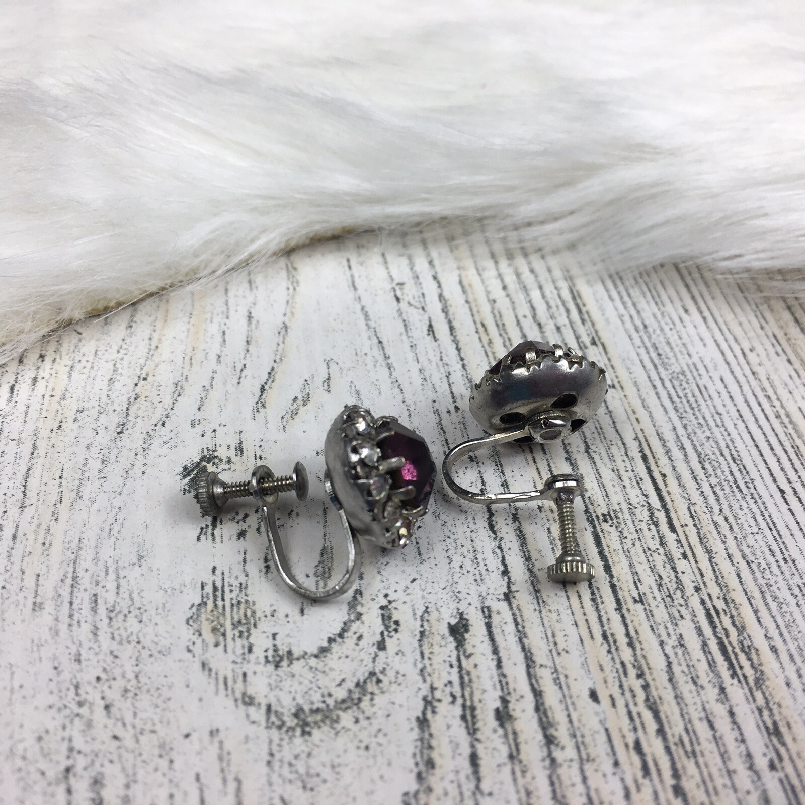 Vintage Purple & Clear Glass Rhinestone Screw Back Earrings