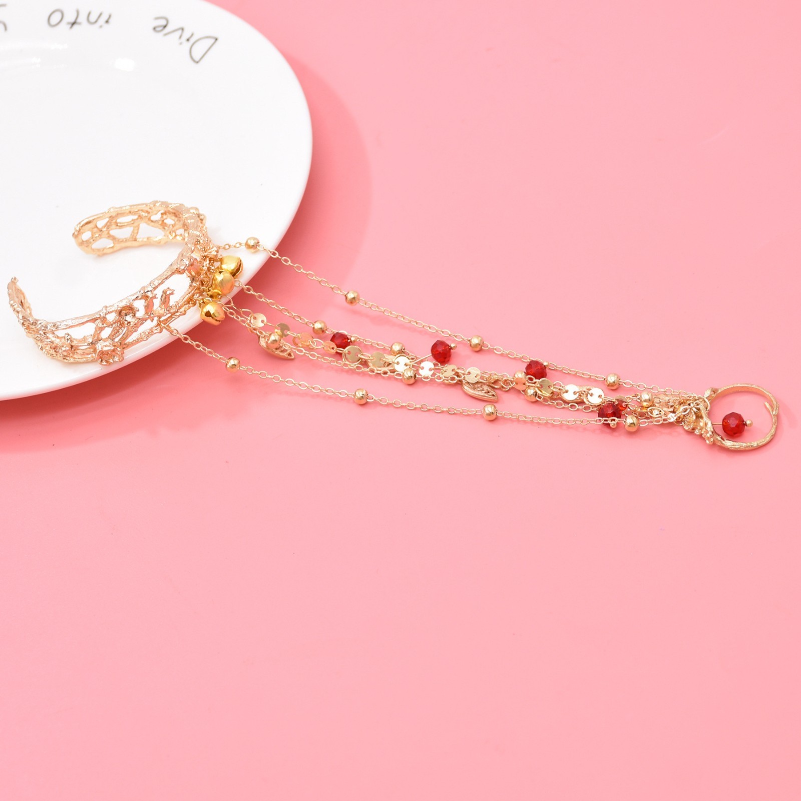 Gold Tone Vintage Cuff Bracelet with Ring Red Beads Chain Bell Gift for Women