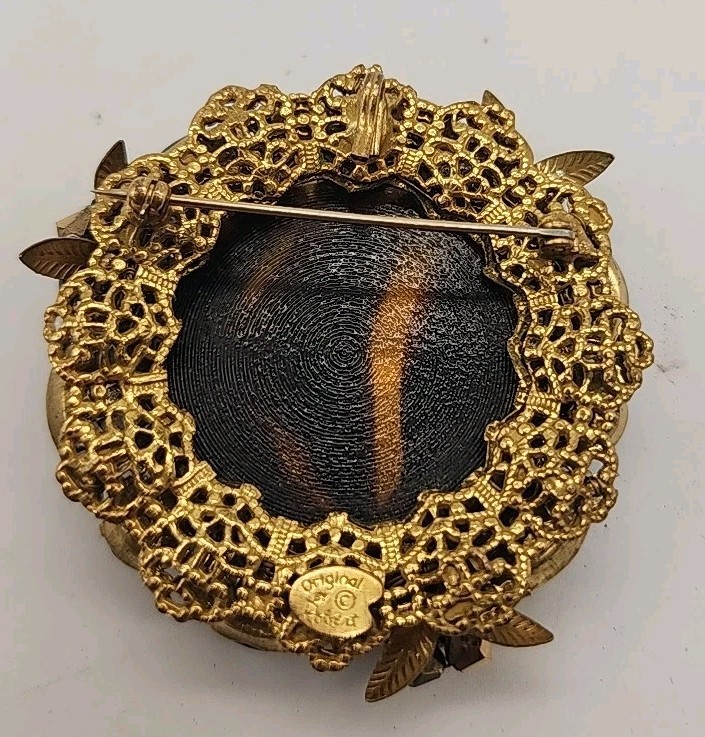 VTG Original By Robert Rare Huge Amber & Black Rhinestone Glass Brooch 2.5″
