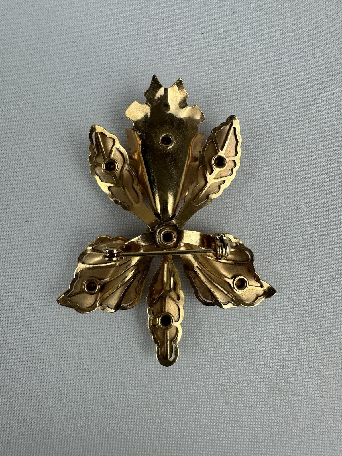 Goldtone Vintage Orchid Pin Purple Rhinestones