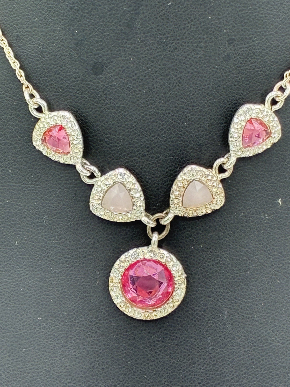 Vintage NRT Pink Rhinestone Halo Drop Necklace Trillion Round Silver Tone 15”