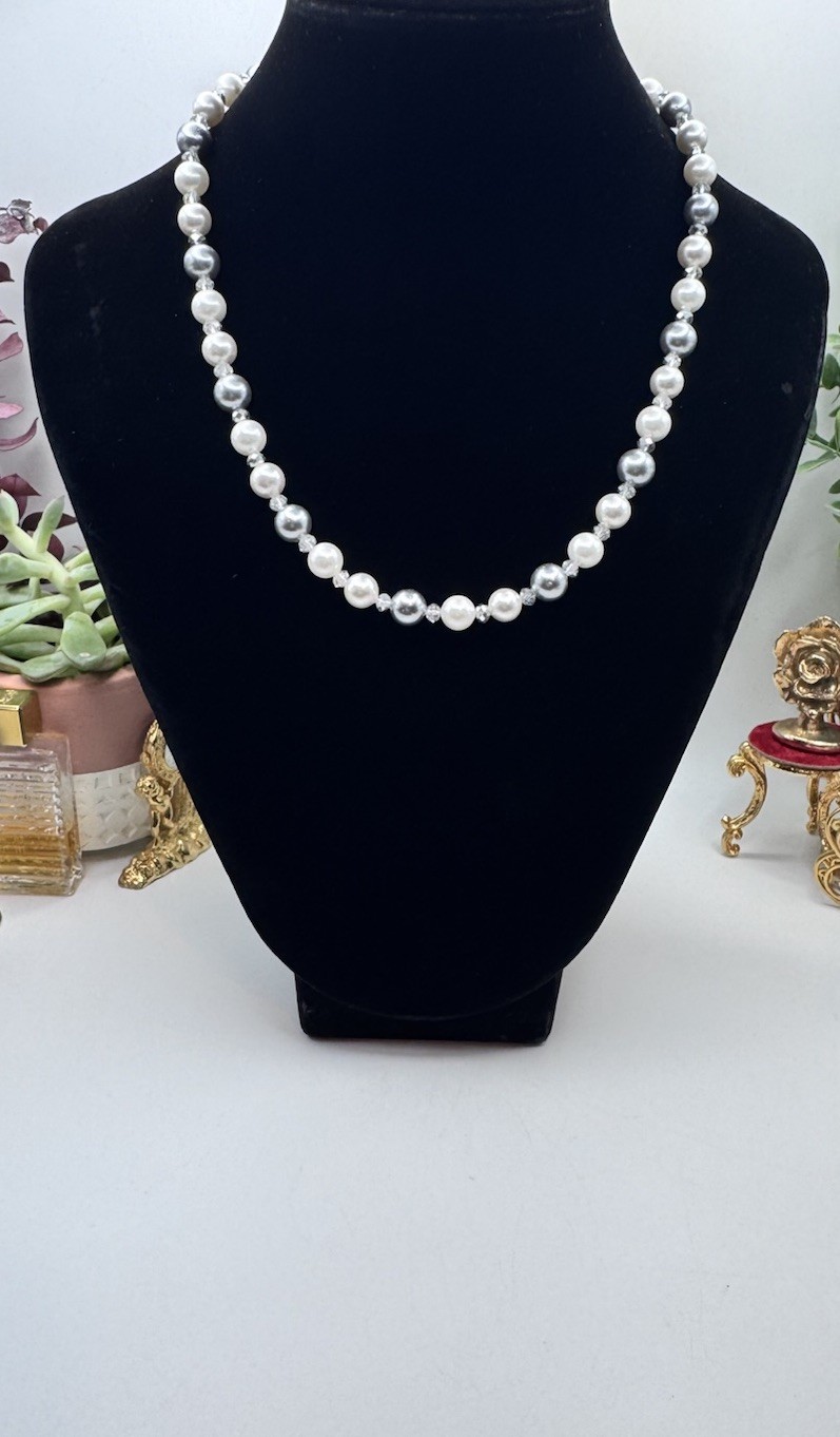 Vintage Elegant Gray and White Faux Pearl And. Crystals Necklace 16”- 18” Long