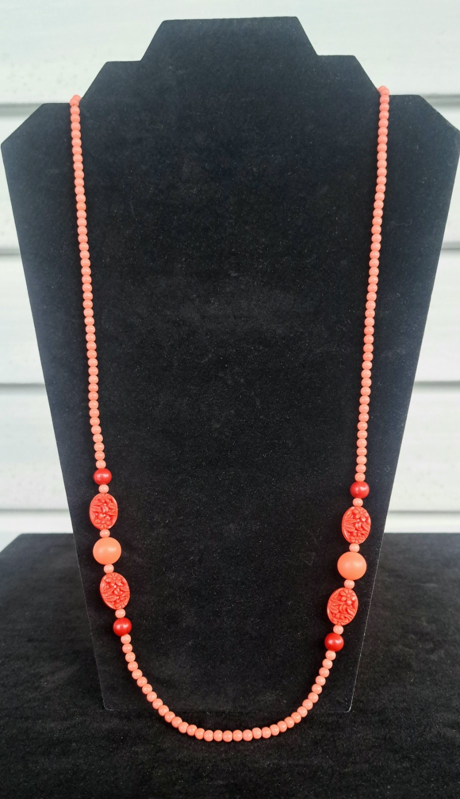 Vintage 30″ Faux Coral Necklace Pink Peach Salmon Color—Art Deco Nouveau MCM