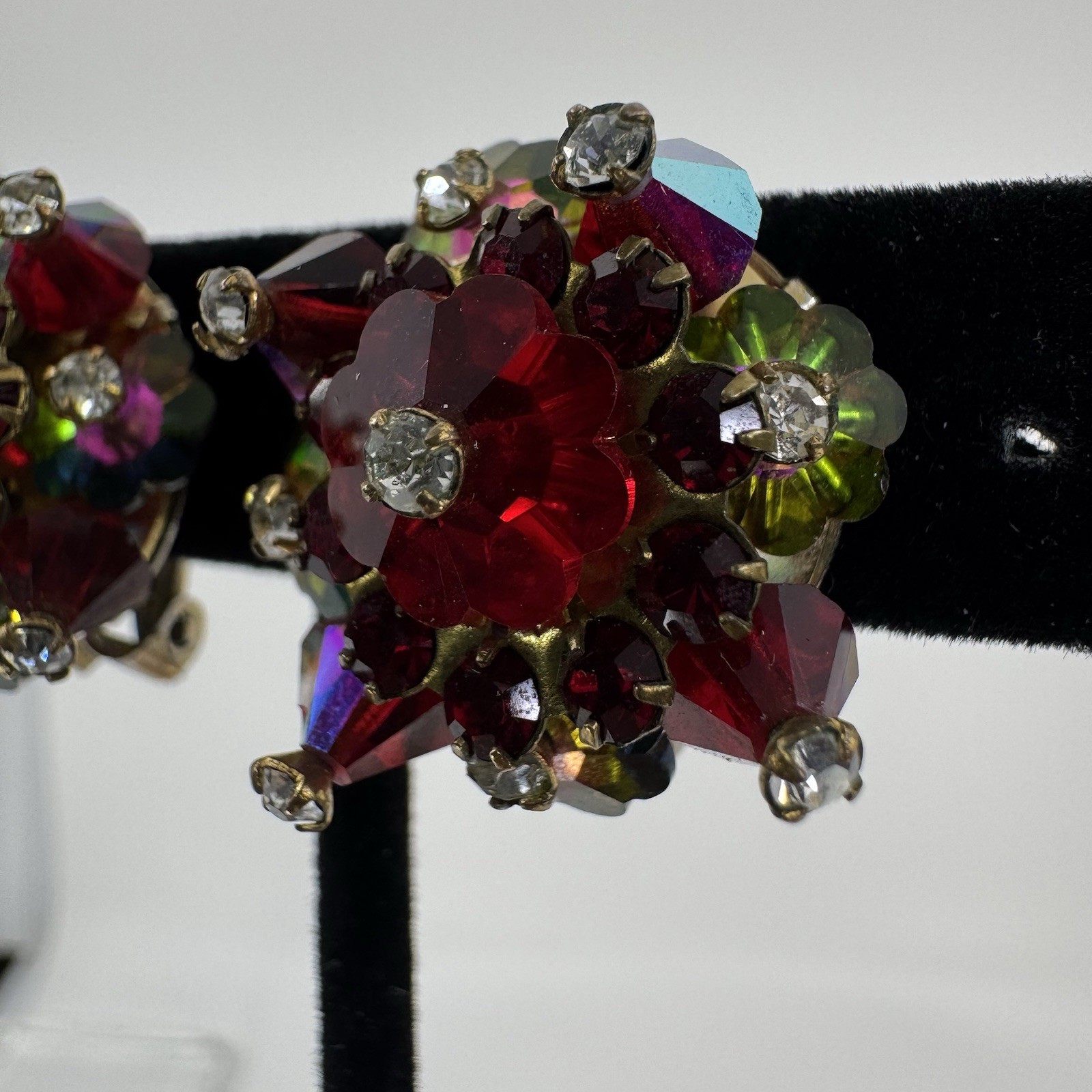 Vintage AB Red & Watermelon Rhinestone & Crystal Beaded Clip On Earrings