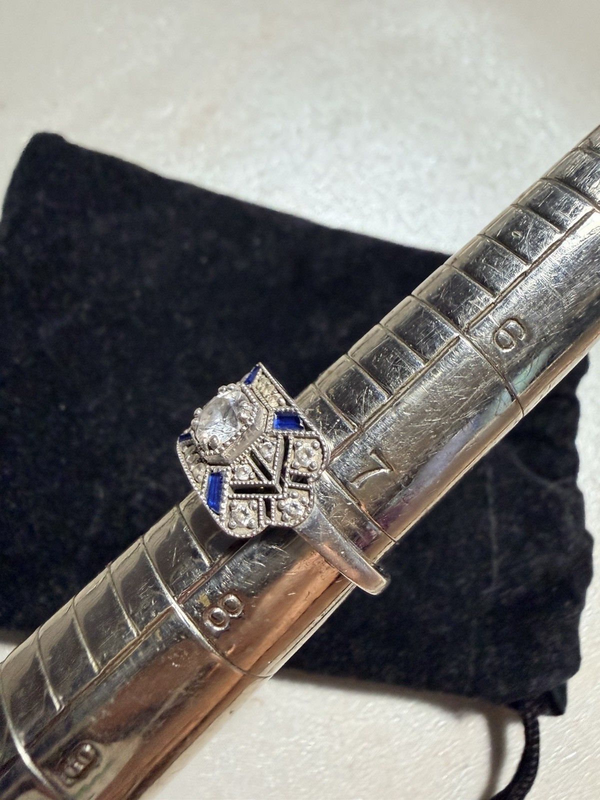 Art Deco Style Sterling Silver CZ & Blue Sapphire Accents Ring – Size 7