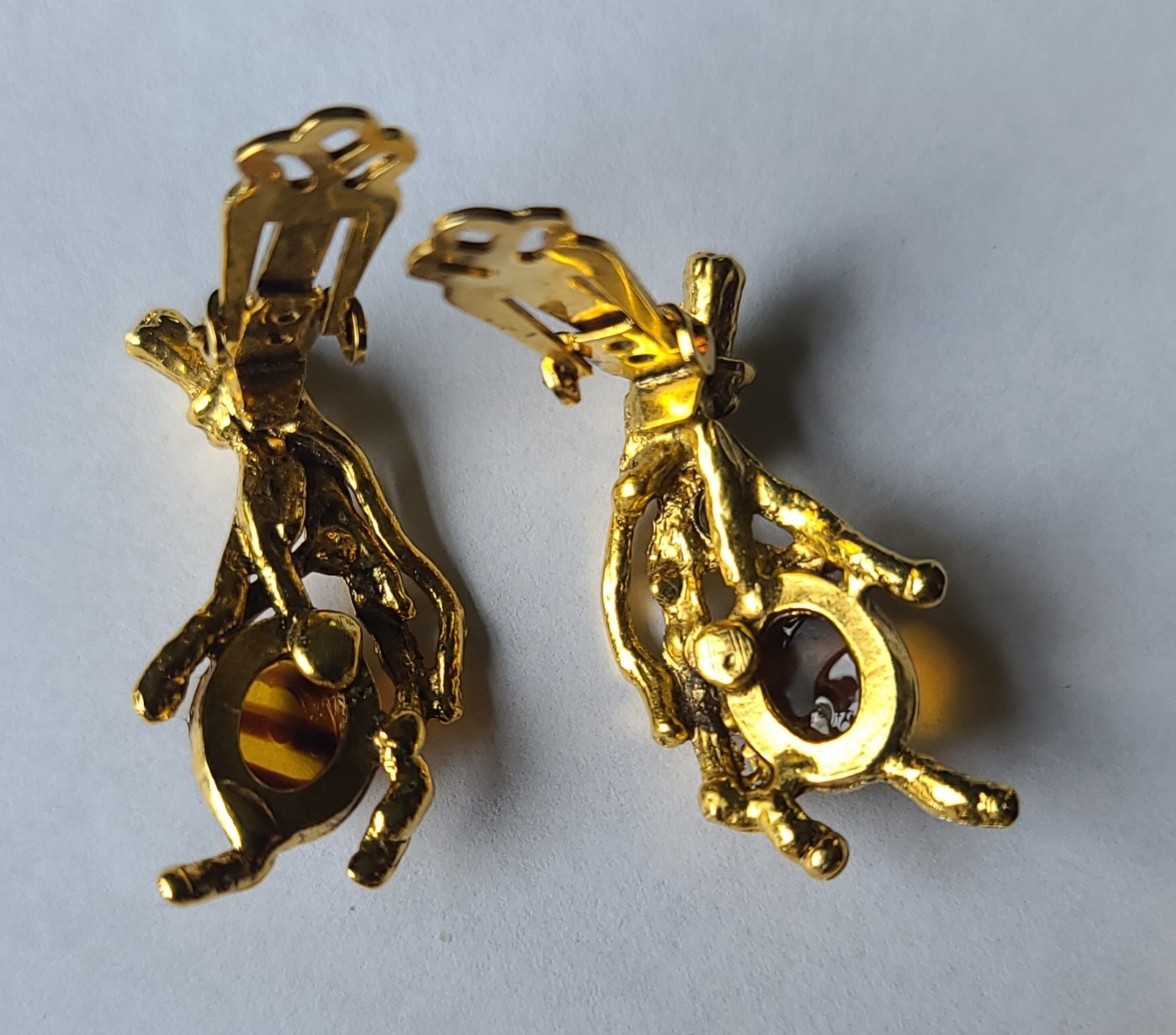 VTG Brutalist Modernist Goldtone Branches Swirl Glass Brooch Pin & Earrings Set