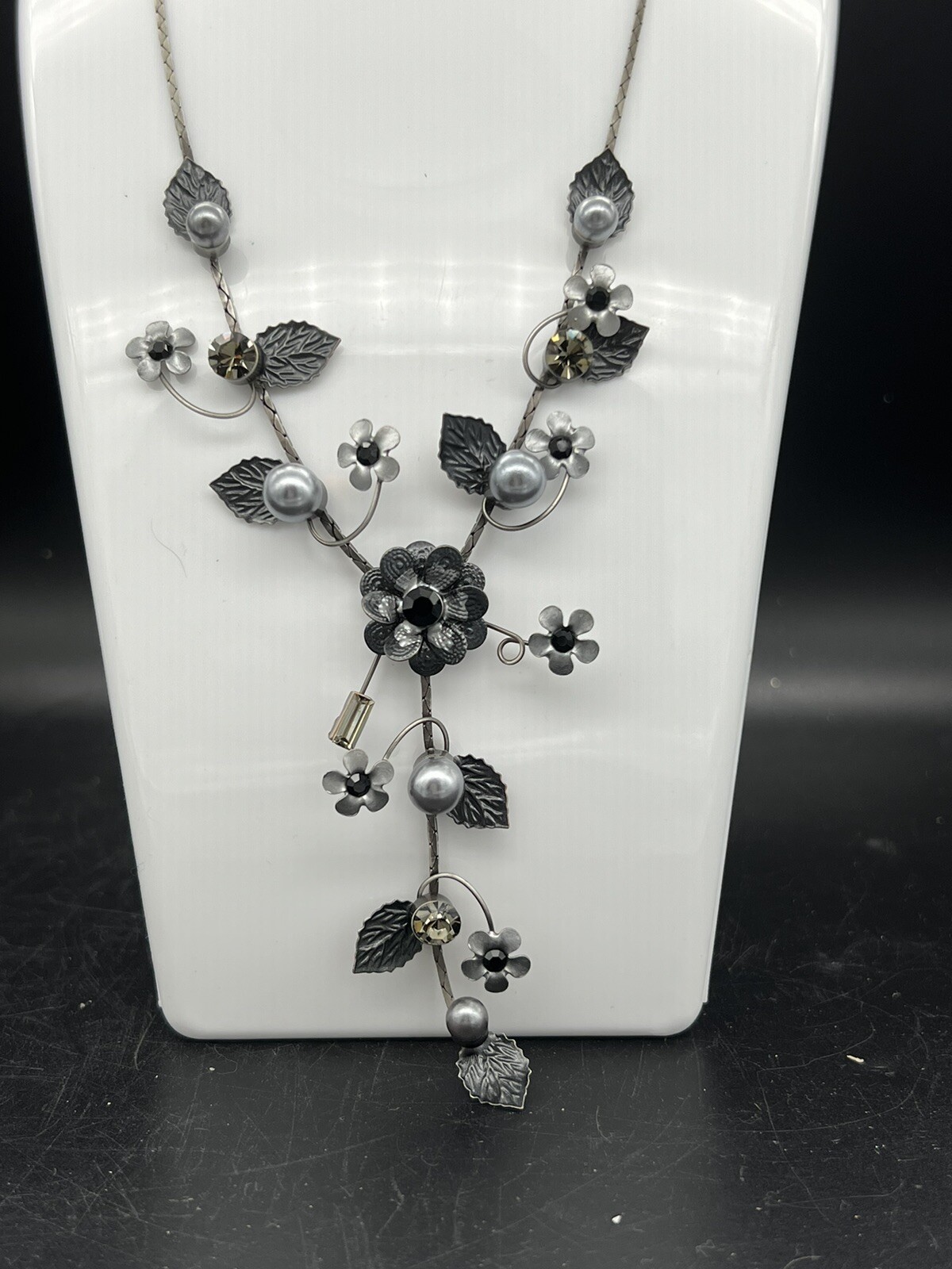 Vintage Sterling Silver, Faux Gray Pearl And Crystal Necklace, Black Flowers