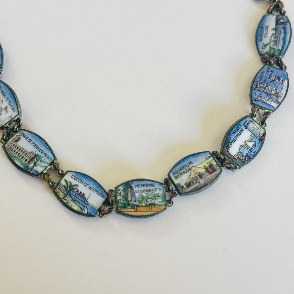 Bermuda Charm Panel Link Bracelet VTG souvenir Buildings Souvenier Enamel 7.5″