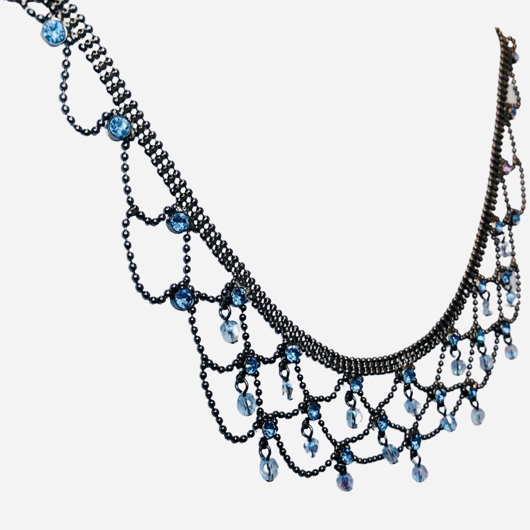 Lia Sophia Necklace Blue Rhinestone Lace 17.5″ Bead Formal Fringe Webbed