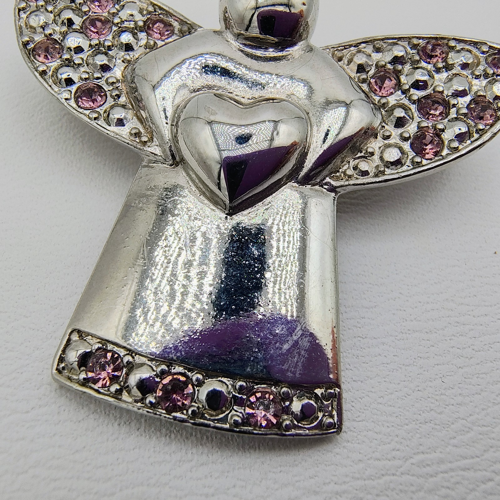 Vintage Angel Holding Heart Brooch Silver Tone Pink Rhinestone Guardian