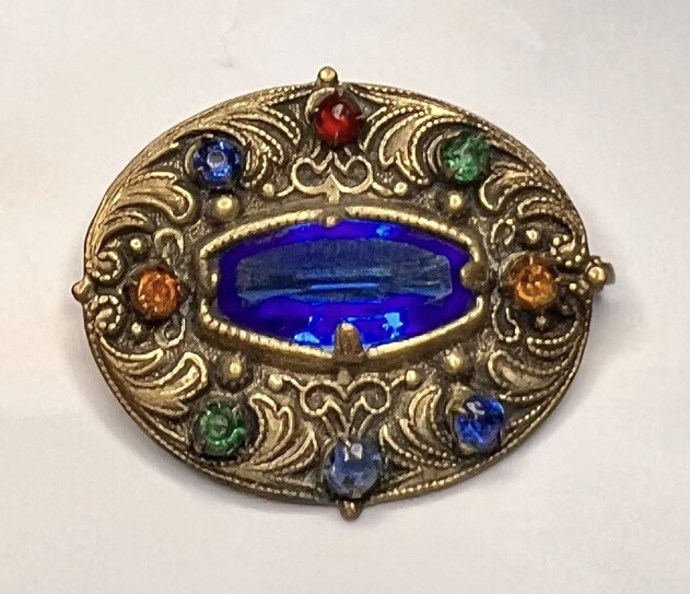 Art Nouveau Blue Lozenge Fruit Salad Czech Glass Goldtone Filigree￼ Brooch