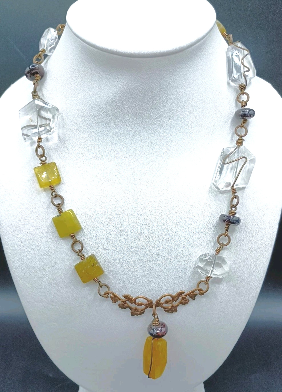 Gem Stone Necklace Copper Wire Wrap Fat Quartz Yellow Rock Floral Artisan