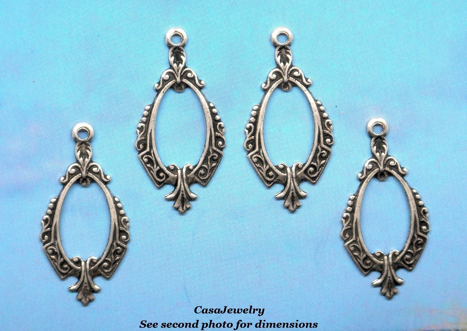 #0526 ANTIQUED .925 STERLING SILVER PLATED OPEN DROP W/TOP HANG RING- 4 Pcs