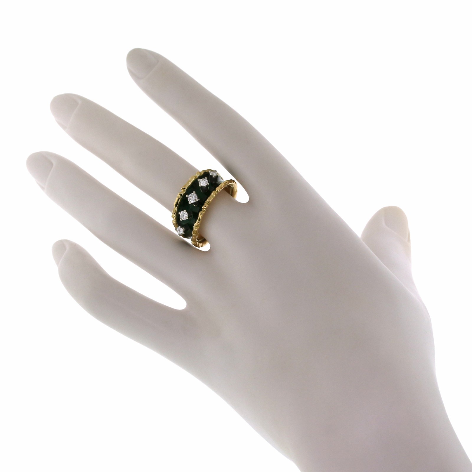 Tiffany & Co 18K Yellow Gold Diamond Green Enamel Ring Size 4.75