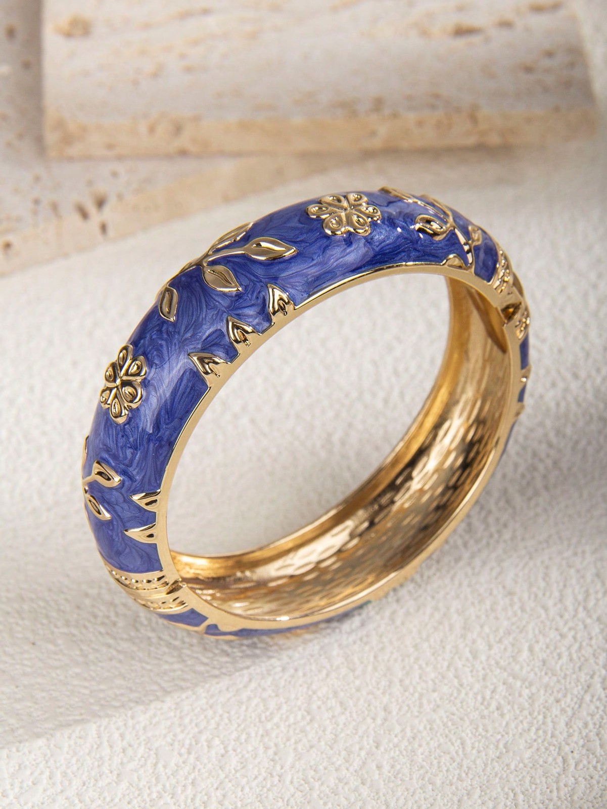 Navy Blue Vintage Floral Enamel Bangle With Gold Detailing For Daily Party