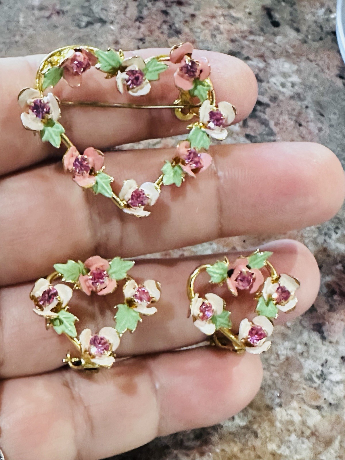 Vintage Enamel Pink White Floral Heart Brooch & Clip On Earrings Rhinestone Set