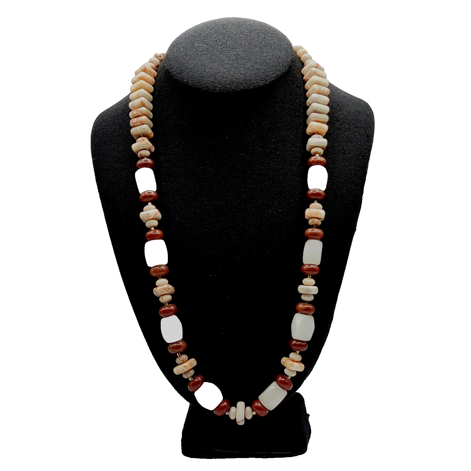 Southwest Style Crafted Brown Hued Jasper with White Quartz Silver Tone Necklace