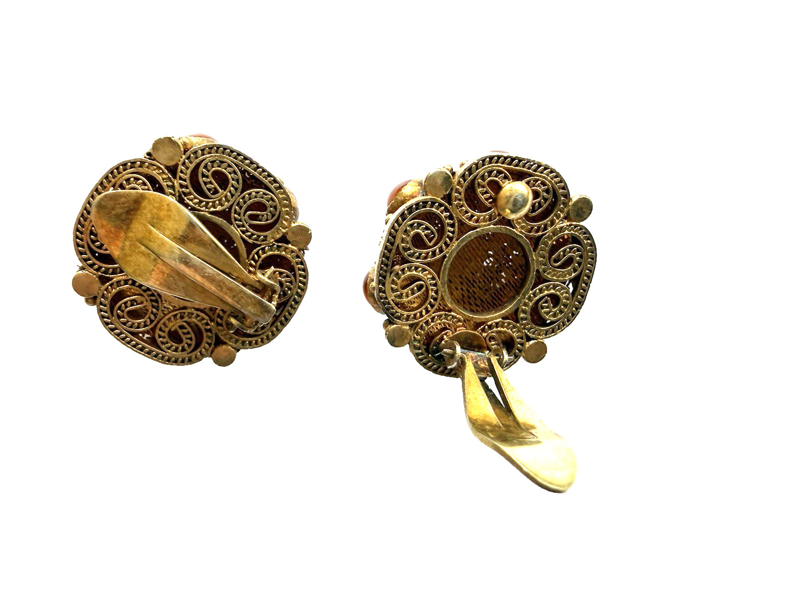 Vintage Gilt Silver Filigree Earrings Cannetille & Carnelian Orange Stones