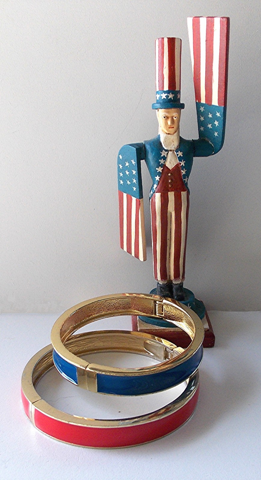 TWO DIFFERENT VINTAGE ENAMELED GOLD TONE HINGED CLAMPER BRACELETS-1 RED & 1 BLUE