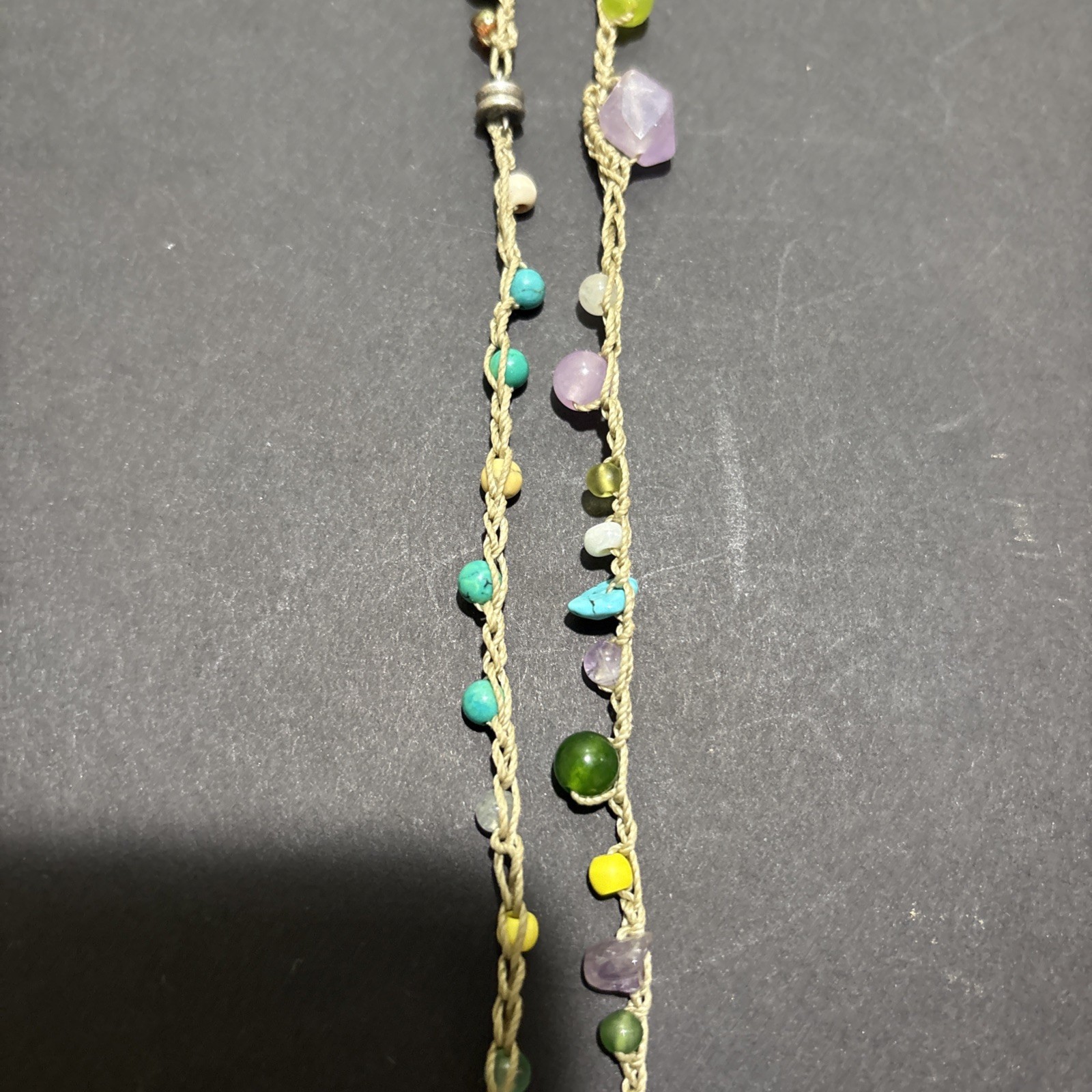 VTG HANDMADE BOHEMIAN STYLE HEMP CORD NECKLACE WITH NATURAL GEMSTONES 40″