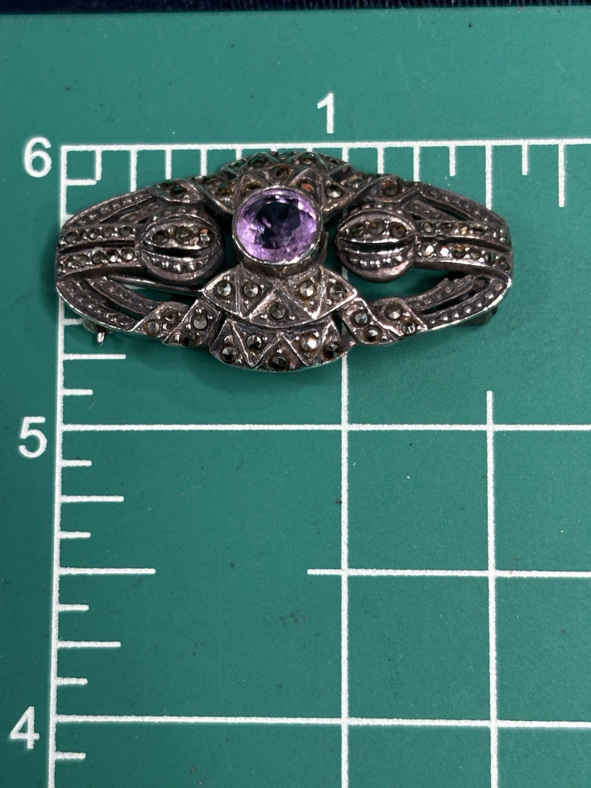 Rare Vintage Amethyst, Marcasite & Sterling Silver 925 Brooch