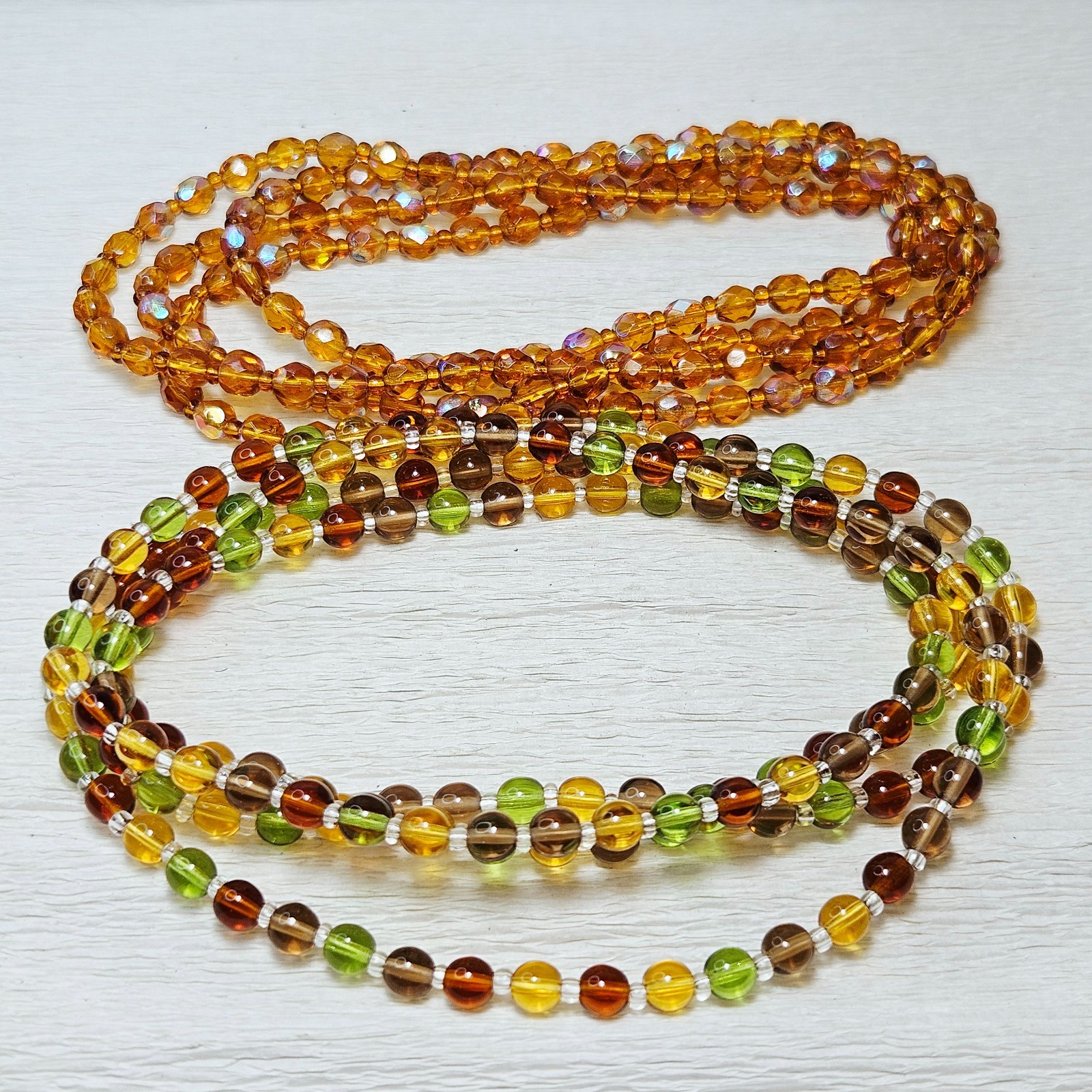 2 Long Necklaces Czech Glass Molded Faceted Beads Fall Multi Colors 45″