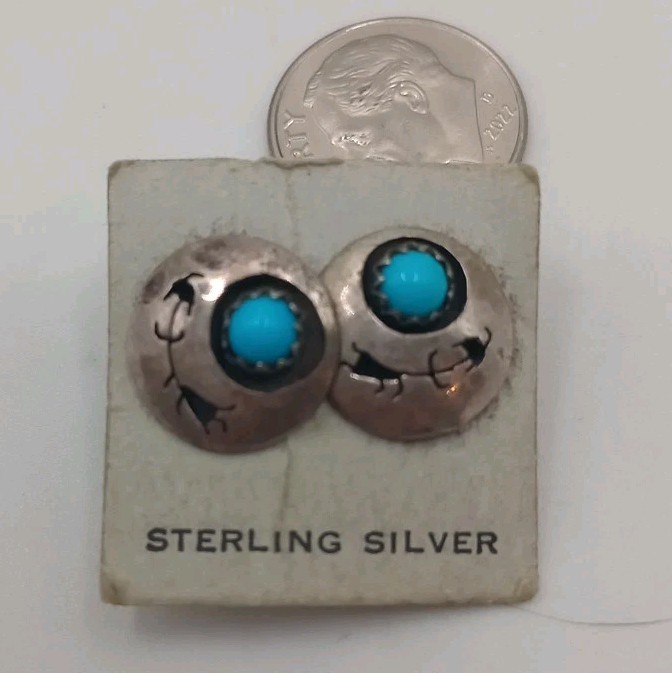 Vintage Sterling Silver South Western Earrings still on Card Native? Small 11mm