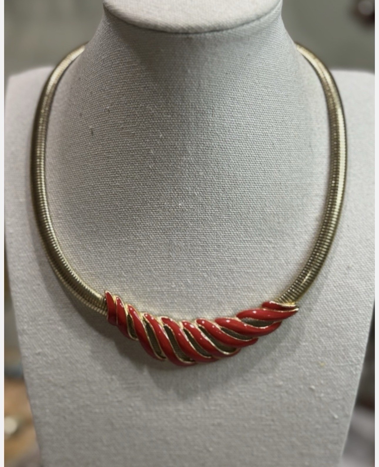 Vintage Omega Necklace Red Enamel Pendant Collar Gold Tone Jewelry