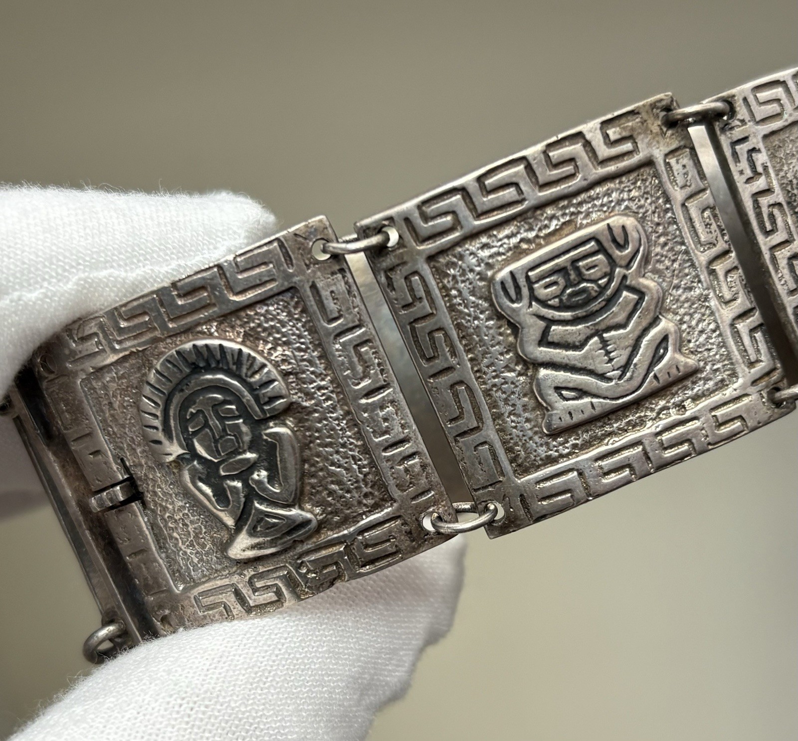 Vintage Silver Peru Panel Bracelet Ethnic Wide Heavy 7.25in 900 Plata 63.45g