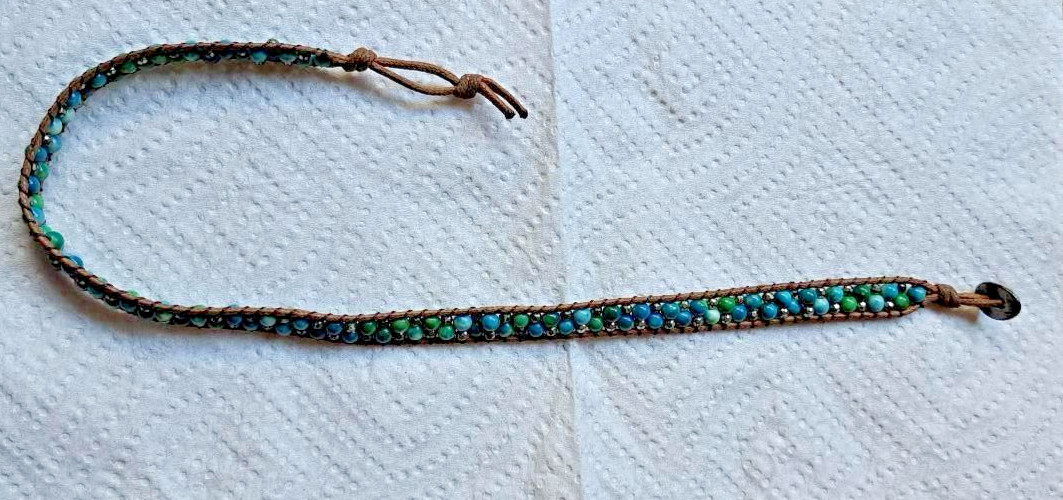 PRE-OWNED GREEN AND BLUE BEADED LEATHER CORD WRAPPED CHOKER – APPROX 12 1/2″