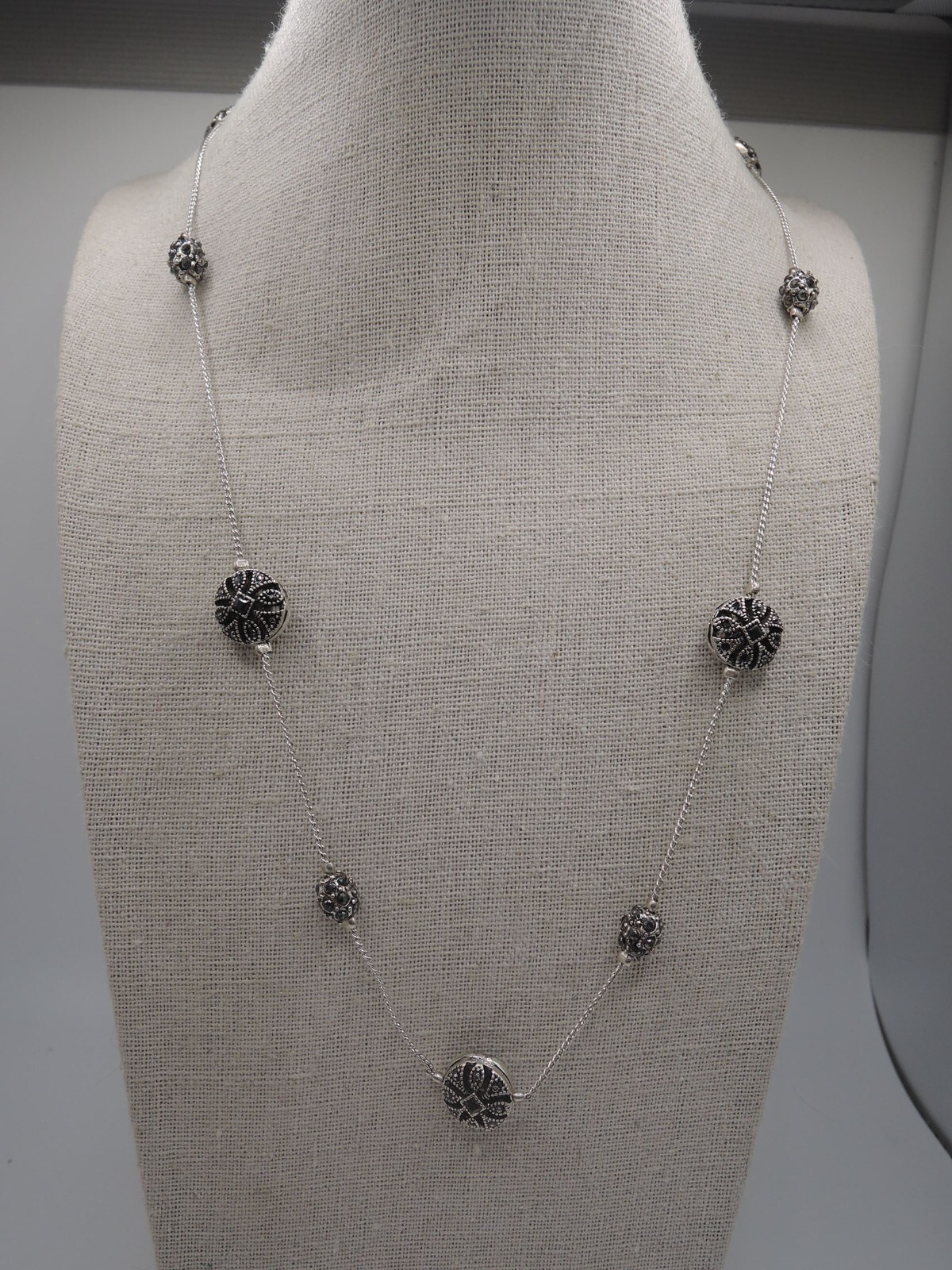 Trifari Silver Tone Necklace with Black Rhinestone Medallions, 1990s