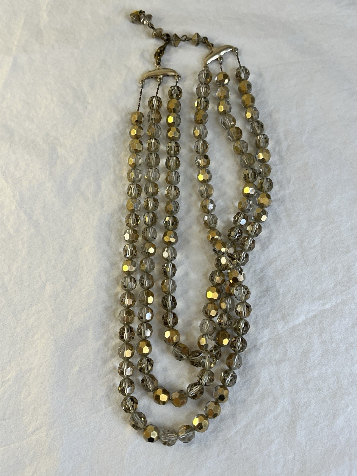 Silver Gold AB Beaded Necklace and Clip On Earrings Set Three Strand Necklace
