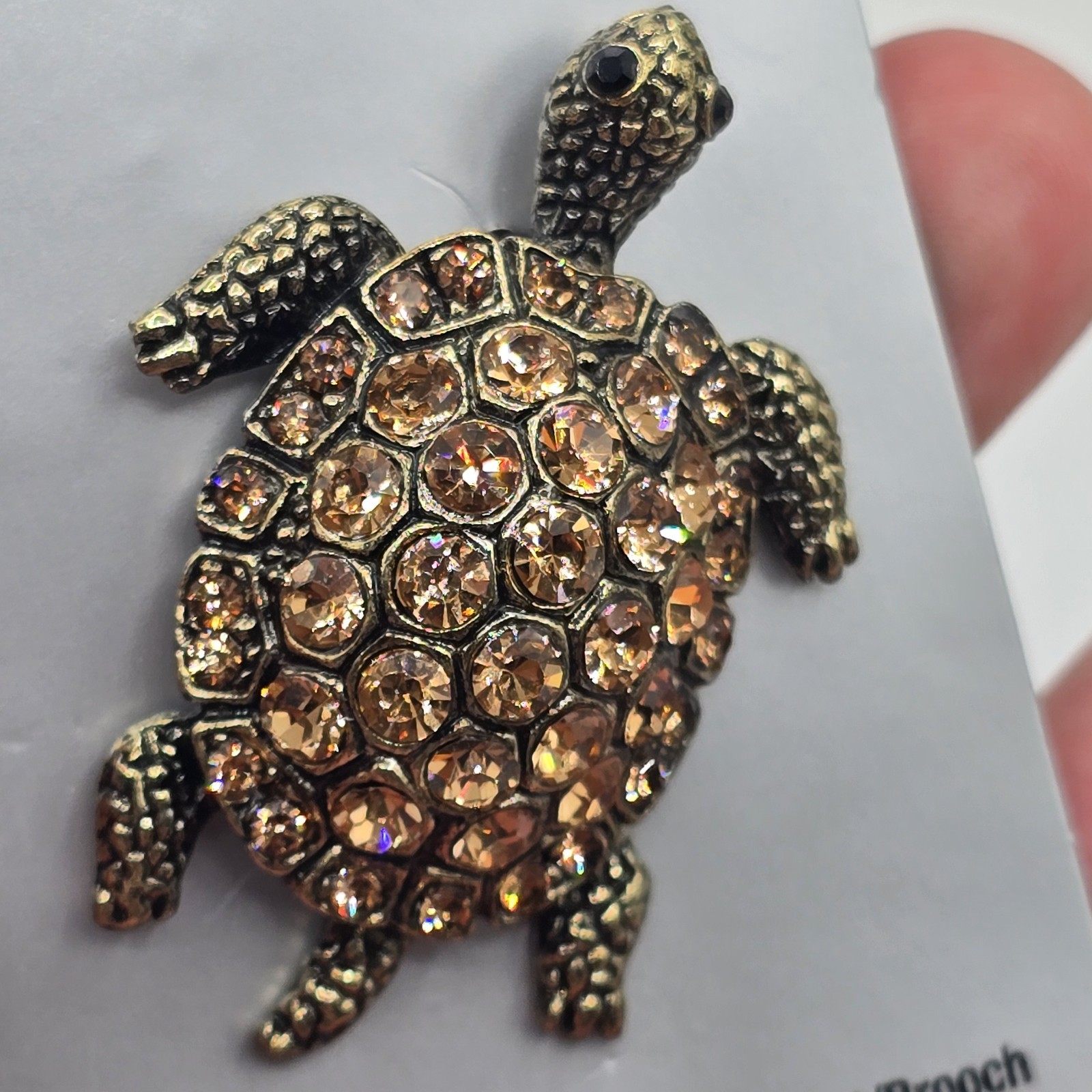 Beautiful Brass-tone Light Brown Rhinestone Shell TURTLE Figural Pin Pendant