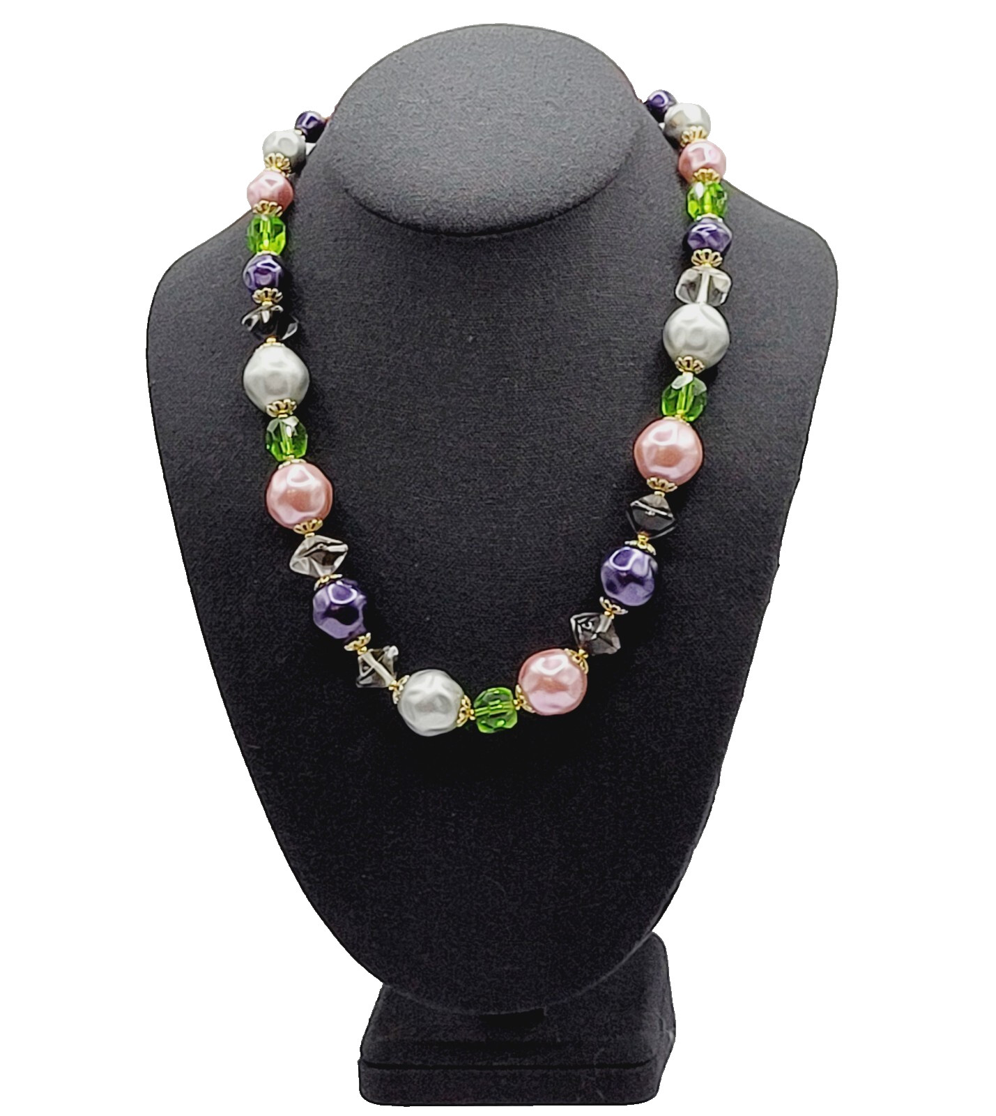 Colorful Glass & Faux Pearl Style Multi Color Shape Bead Vintage Necklace 21 In