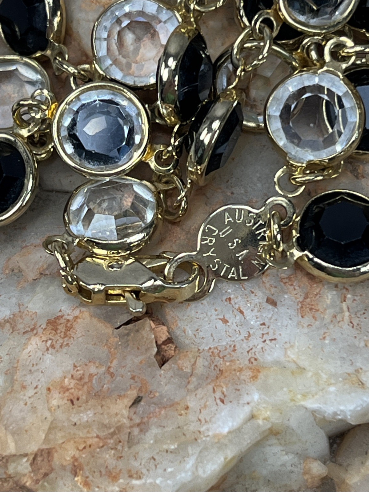VTG Signed Austrian Crystal USA Open Bezel Black & Clear Crystal Necklace 35″