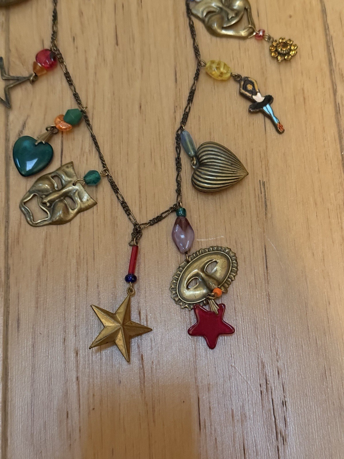 Vintage Glass Works Studio Long Pendant Necklace With Charms Hearts & Stars