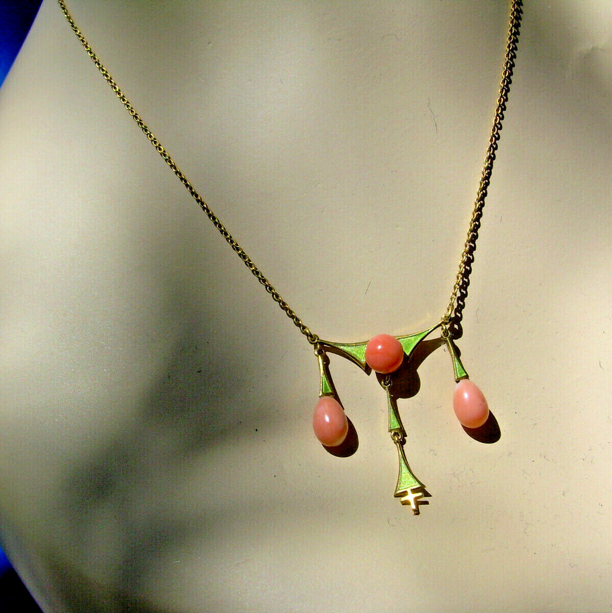 ORIGINAL Art Deco Coral Guilloche Enamel Necklace Solid 14K GOLD 18″ inch Chain