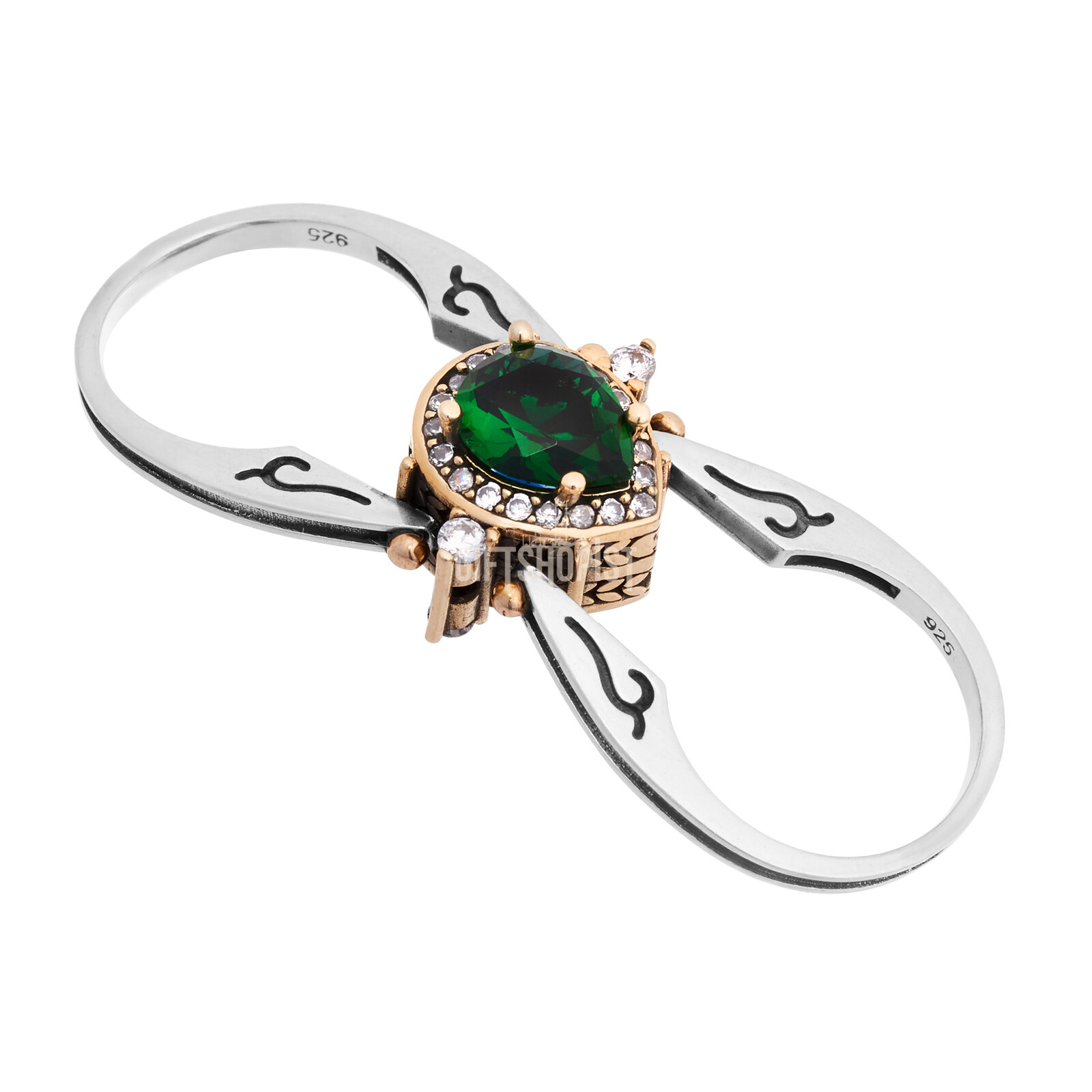 Turkish Reversible Drop Cut Emerald and Sapphire Topaz 925 Sterling Silver Ring