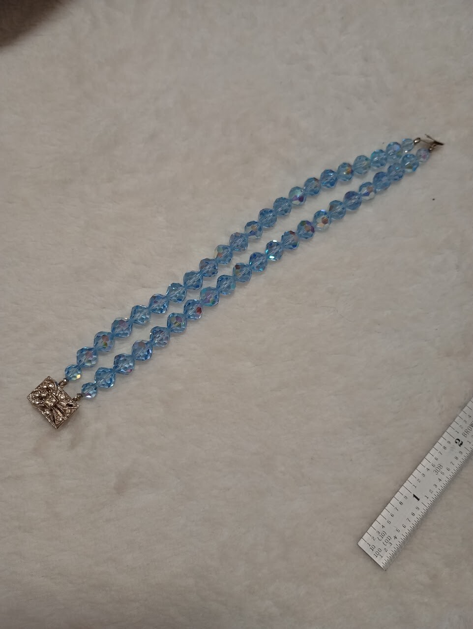Vintage Beaded Bracelet 2 Strand Blue Glass/Crystal Beads Fancy Box Tab Clasp