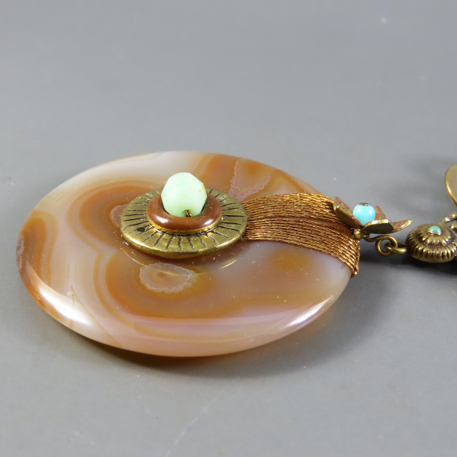 VTG Satellite Beaded Necklace BRONZE TONE Turquoise AGATE PENDANT Blue Brown