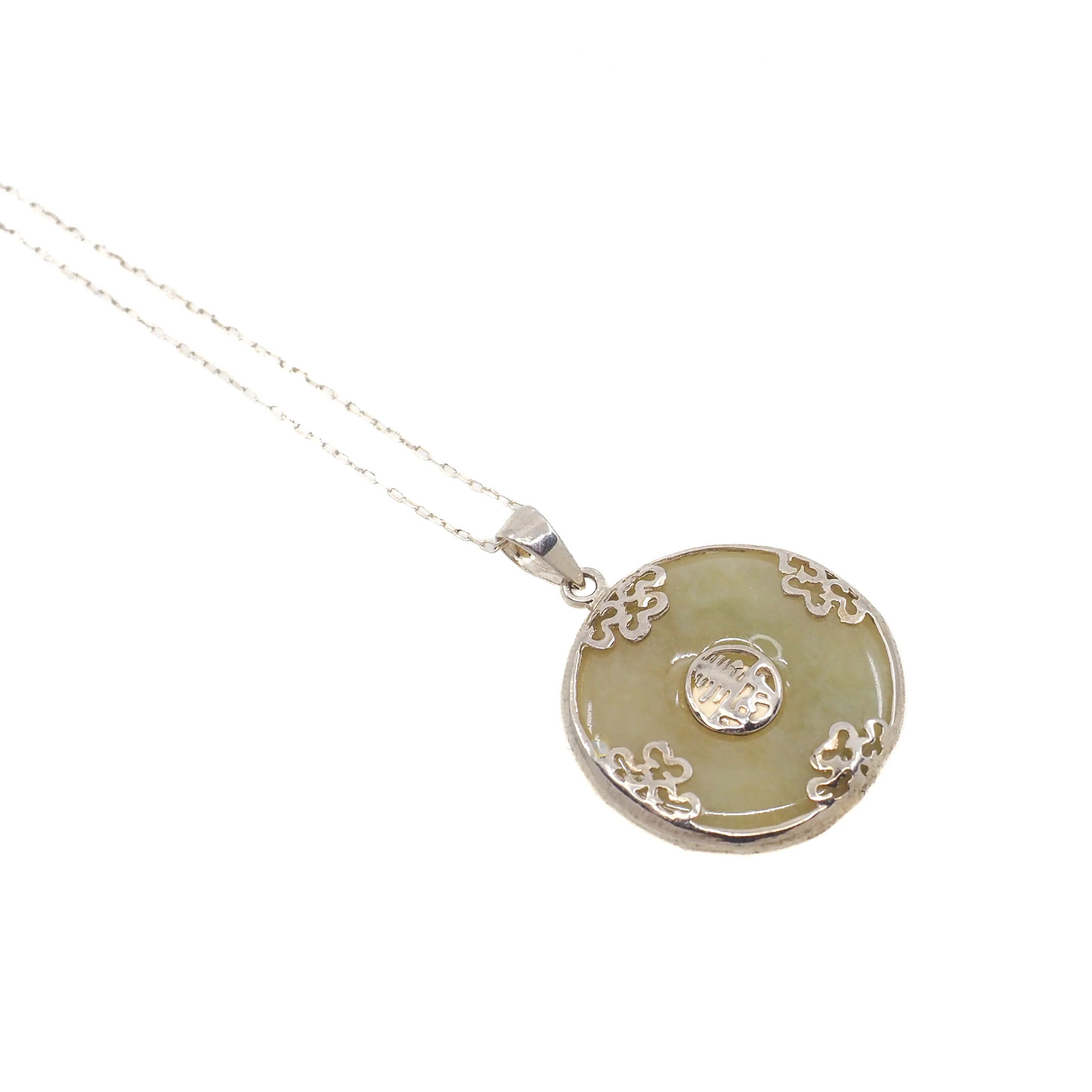 Vintage 1990s Green Jade and Sterling Silver Blessings Circle 22″ Necklace